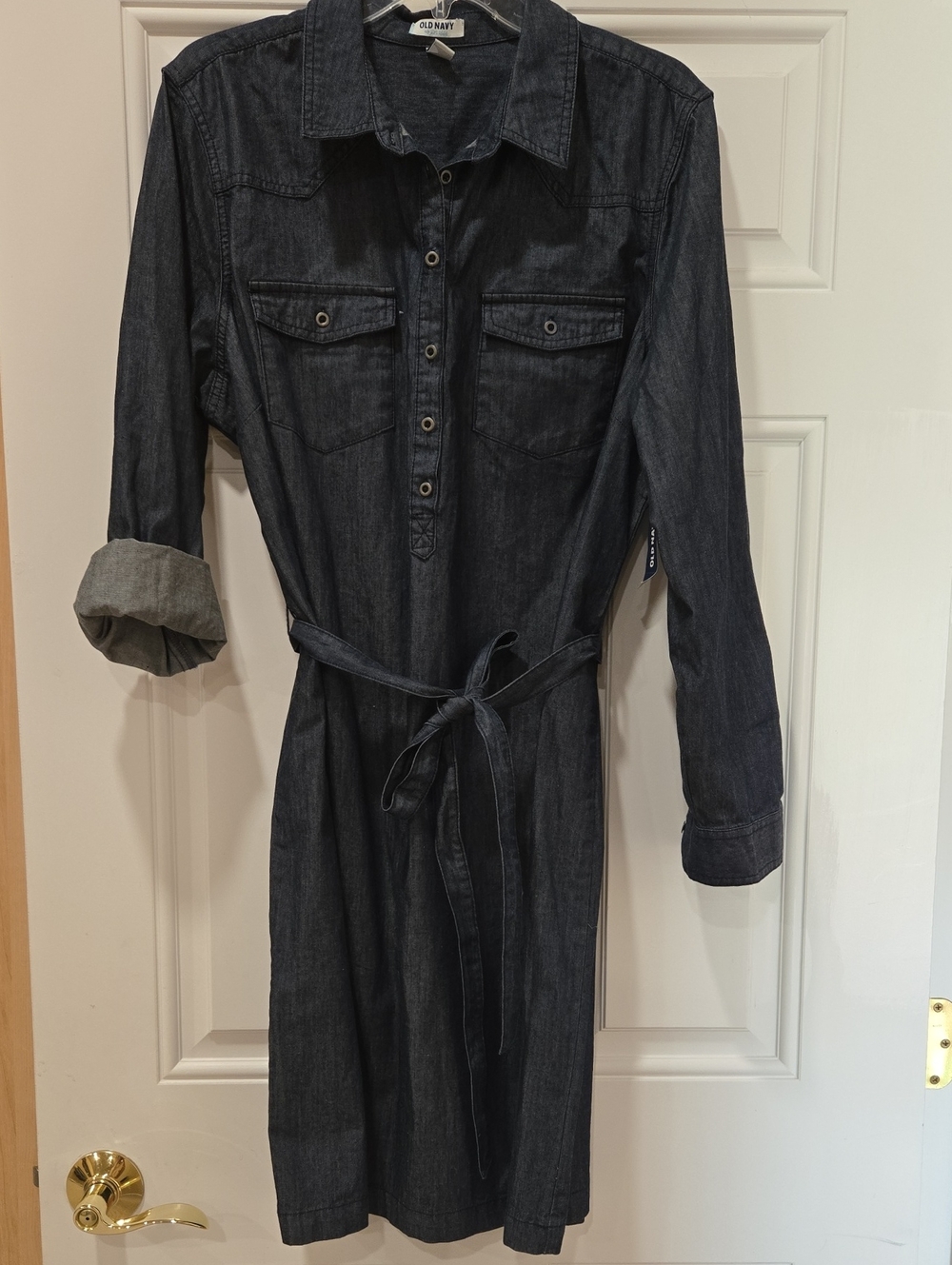 Old Navy Dark Indigo Denim Shirt Dress with Waist Tie